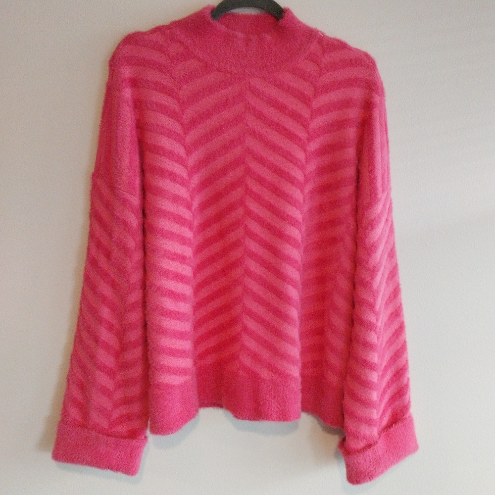 Belldini Pink Fuzzy Chevron Knit Rolled Cuff Long Sleeve Mock Neck Sweater